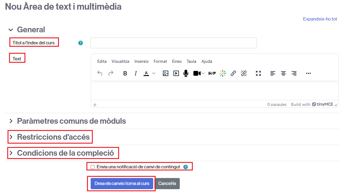Opcions per crear una àrea de text i multimèdia
