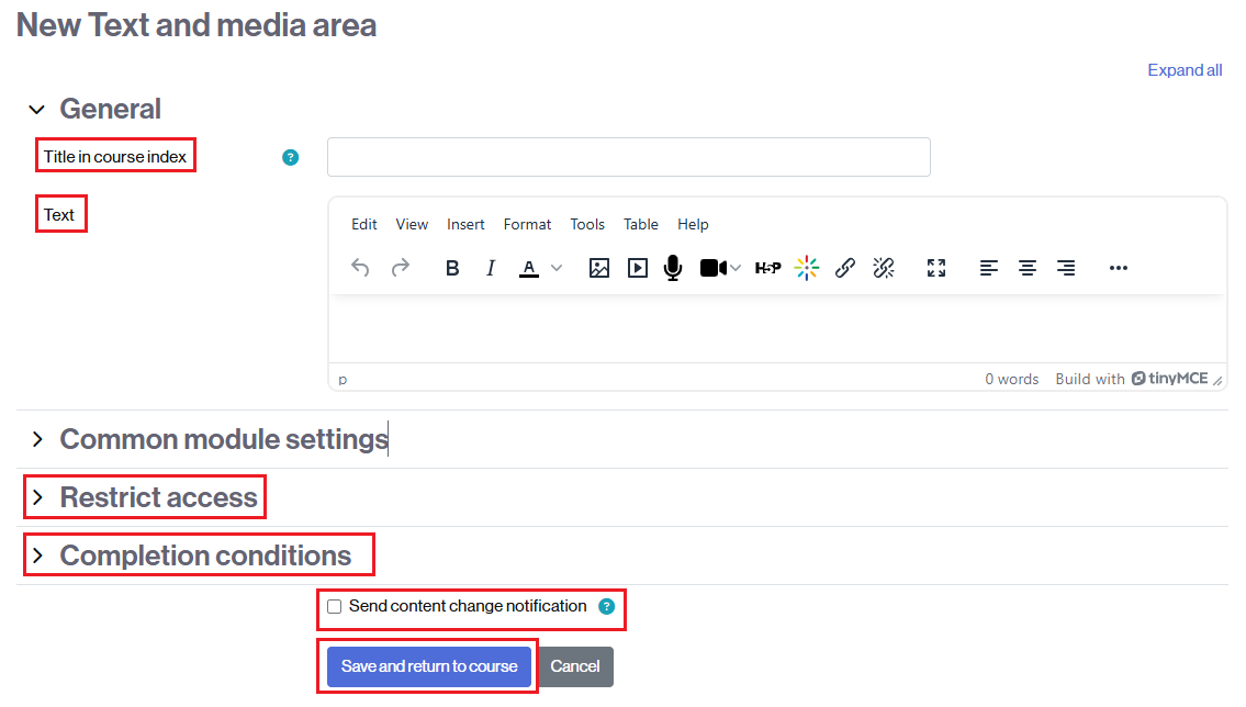Options for creating a text and media area