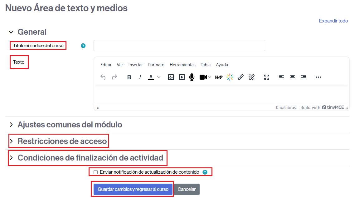 Opciones para crear un área de texto y medios