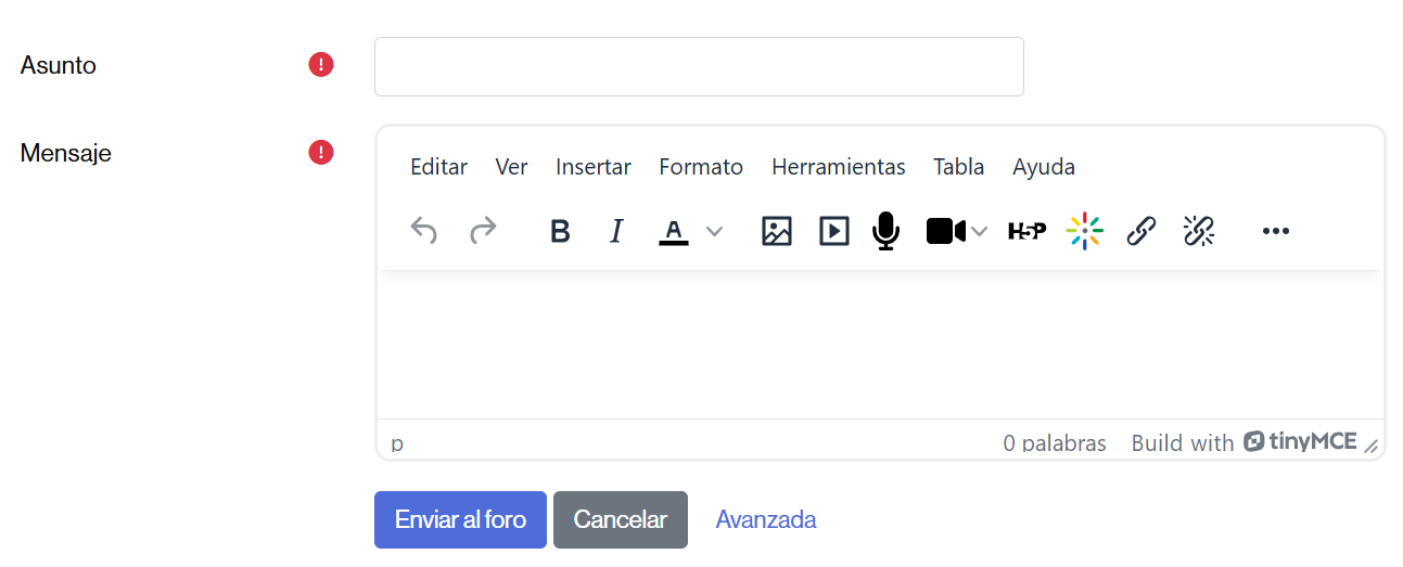 Formulario para redactar un aviso en el foro de Anuncios