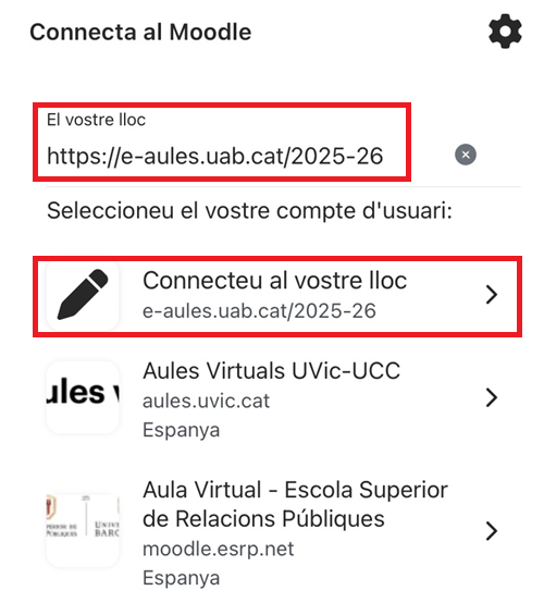 Pantalla per afegir l'entorn d'e-aules 2025-26 a Moodle Mobile