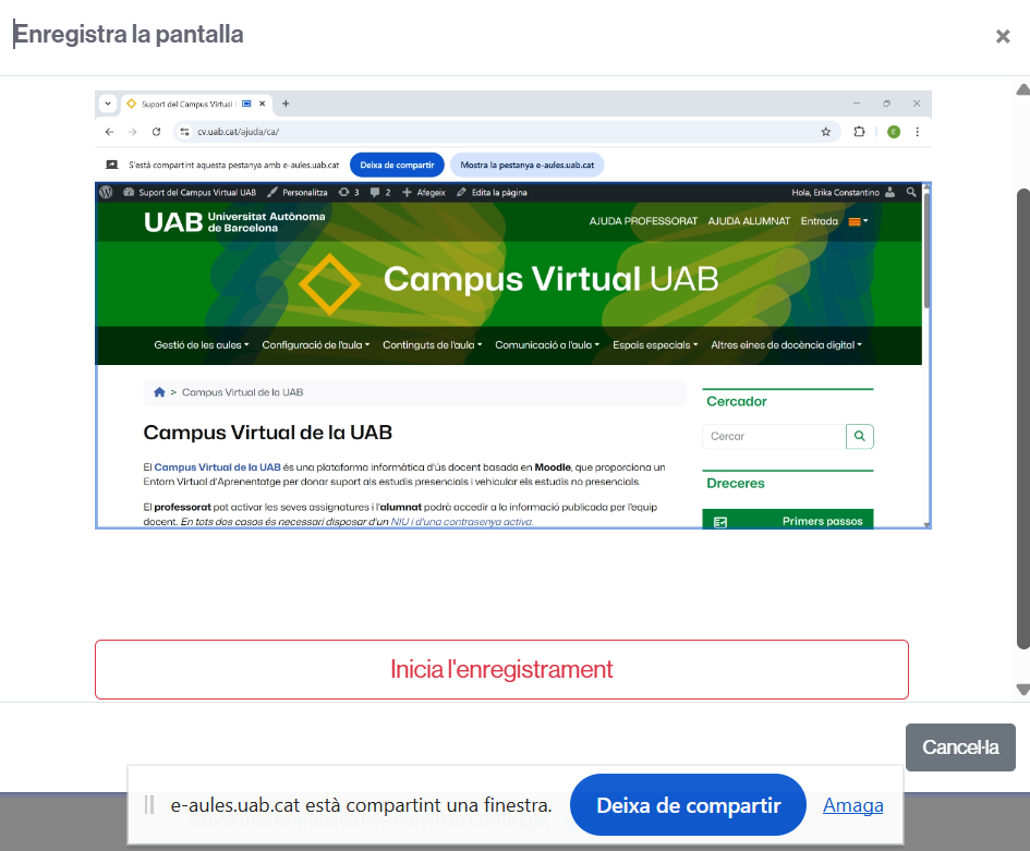 Previsualització i botó per enregistrar la pantalla.