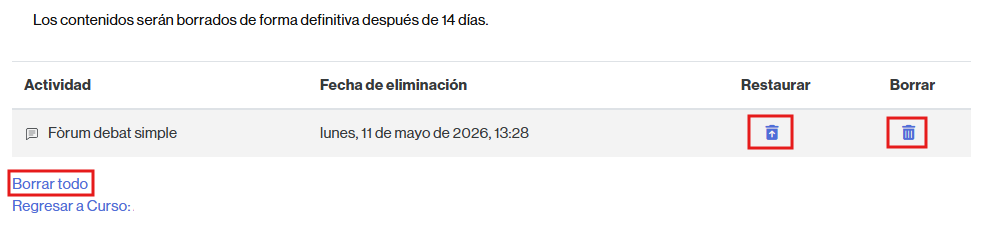 Opciones para los elementos de la papelera de reciclaje