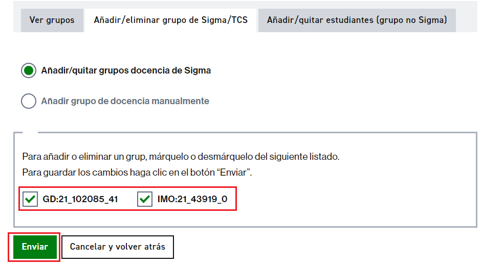 Formulario para añadir manualmente un grupo Sigma/TCS