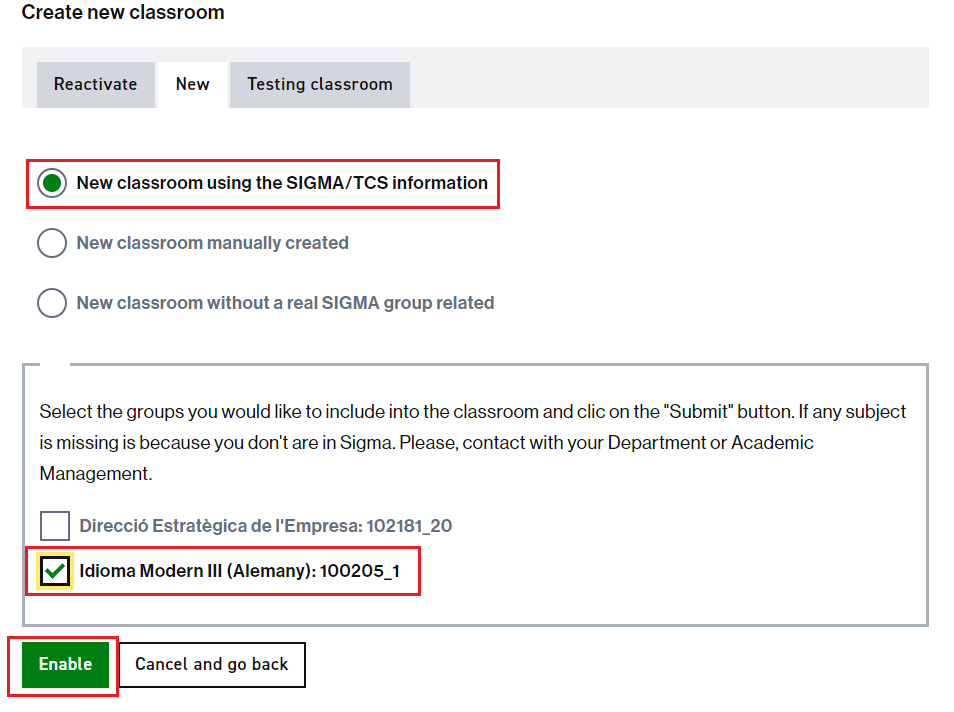 Form to create a classroom using information about Sigma/TCS