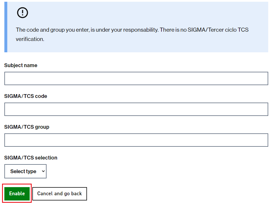 Form to create a new Sigma/TCS classroom entering manually the information