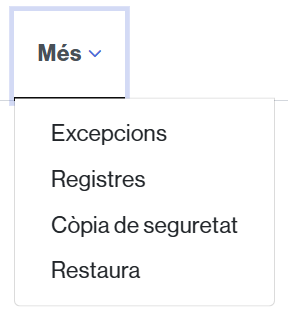Afegir excepcions, Opcions del qüestionari per accedir als registres, fer una còpia de seguretat, restaurar una còpia de seguretat