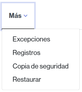 Añadir excepciones, Opciones del cuestionario para acceder a los registros, realizar una copia de seguridad, restaurar una copia de seguridad