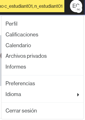 Menú de persona usuaria (estudiante)