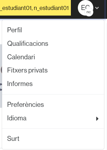 Menú de persona usuària (estudiant)