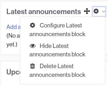 Button to configure, hide and delete a block