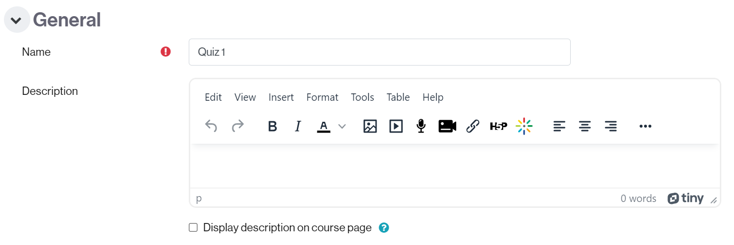 Configuration of a question: name, description and visibility to the course page