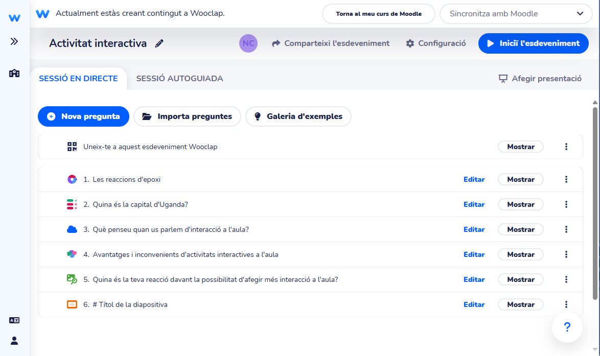 Tauler de creació i gestió de les activitats de Wooclap
