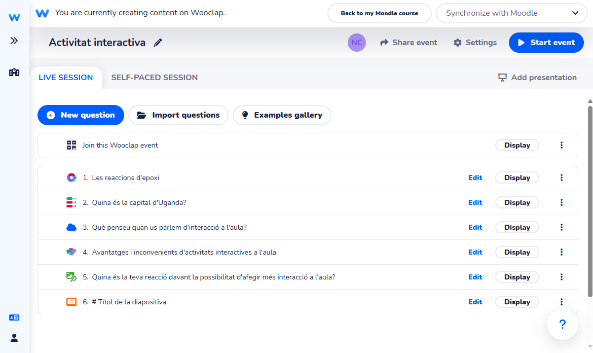 Dashboard for creating and managing Wooclap activities