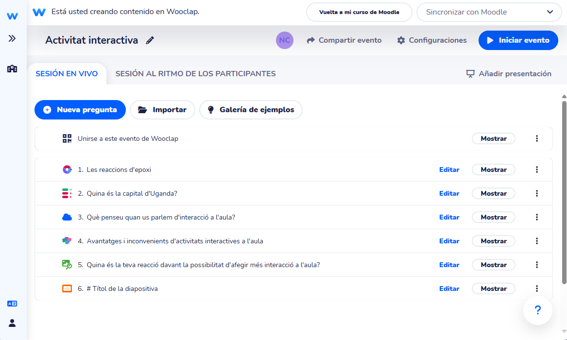 Tablón de creación y gestión de las actividades de Wooclap