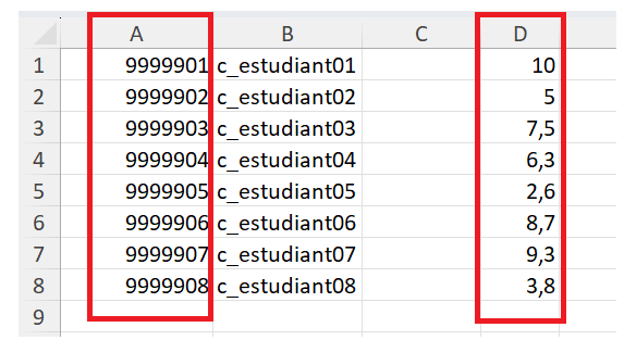 View of the grade format (excel) that can be imported into Sigma