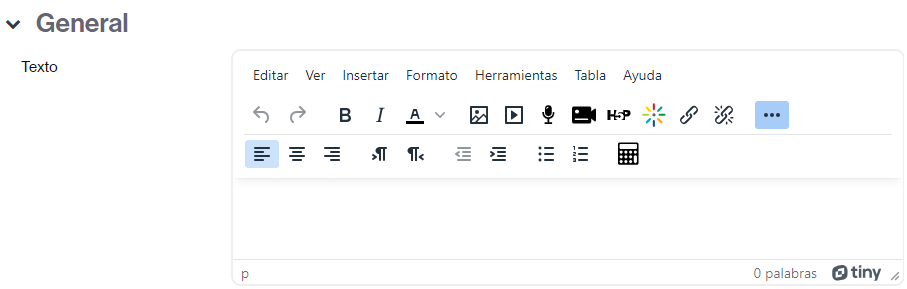 Opciones del campo de texto del recurso etiqueta