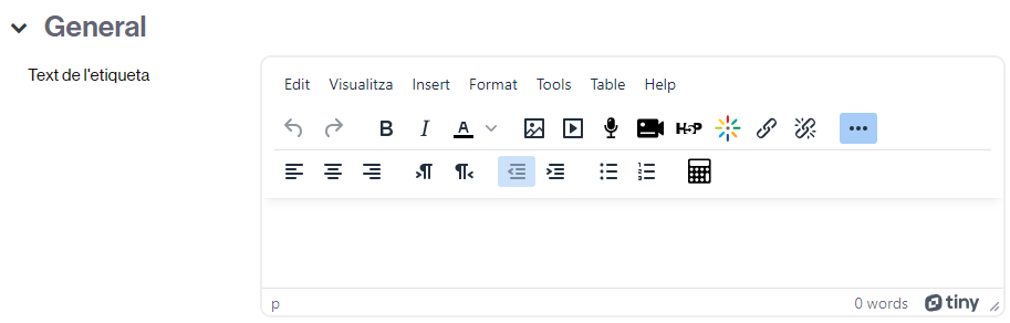 Opcions del camp de text del recurs etiqueta