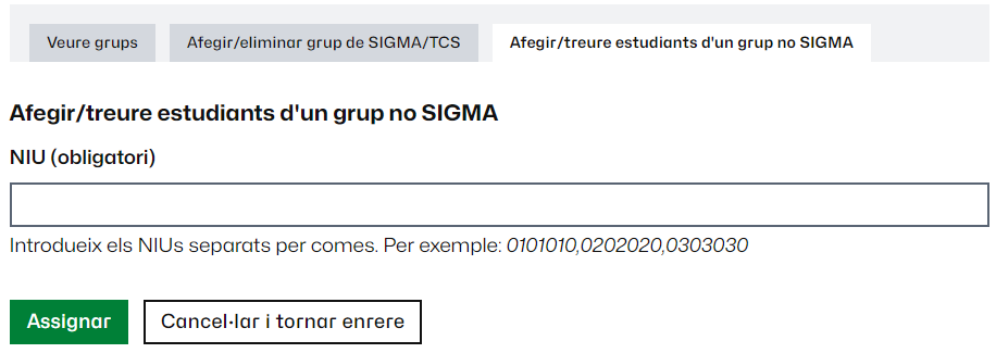 Formulari per afegir estudiants a nivell individual a l'aula
