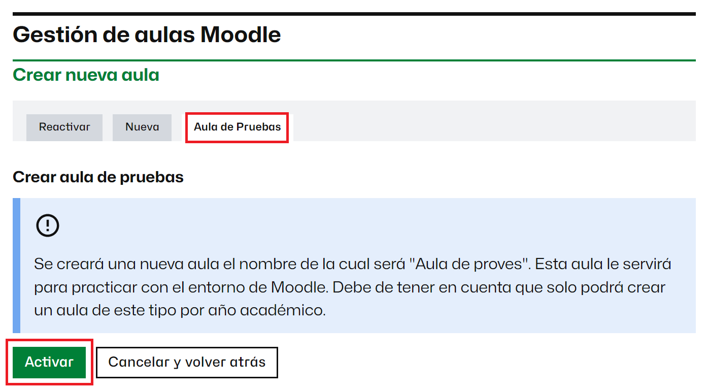 Pestaña para crear un aula de pruebas