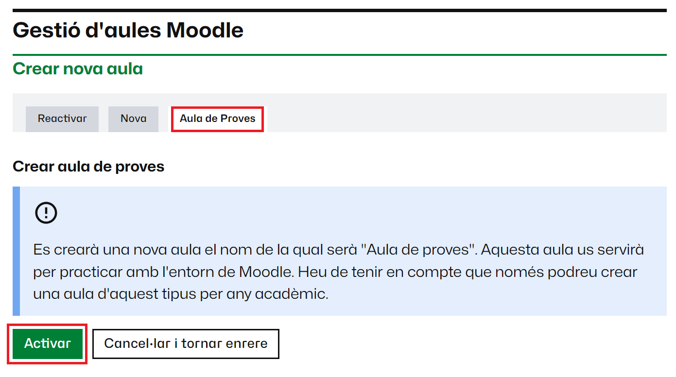 Pestanya per crear una aula de proves