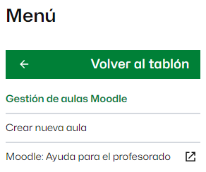 Menú Gestión de aulas y Crear nueva aula
