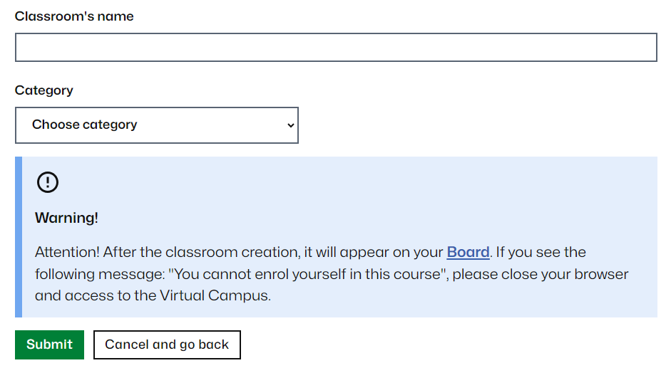 Text fields to set the new classroom