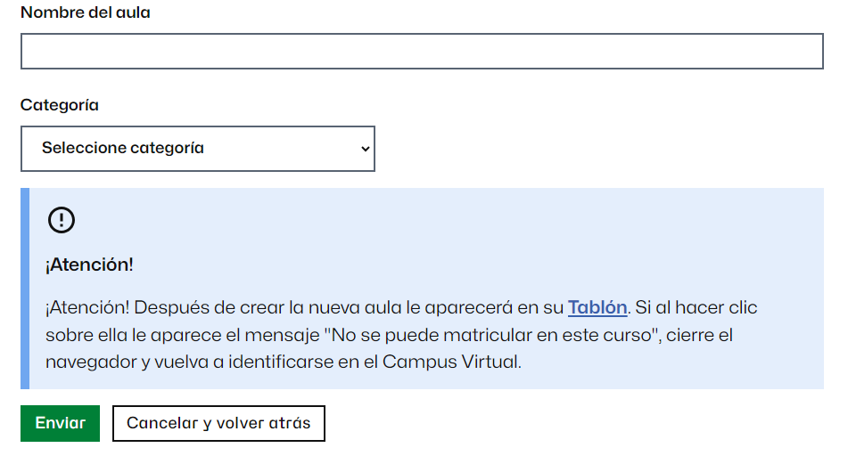 Campos de texto para configurar la nueva aula
