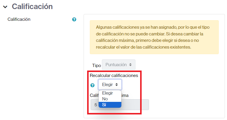 Selector para poder recalificar automáticamente las calificaciones de una tarea