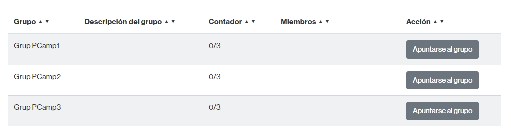 Vista para escoger un grupo de la actividad