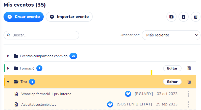 Listado de todos los eventos de una persona usuaria