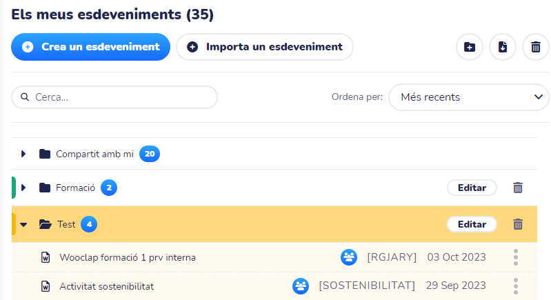 Llistat de tots els esdeveniments d'una persona usuària