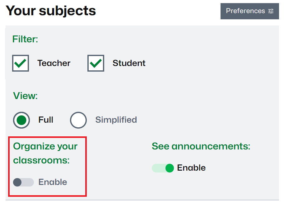 Button to make the classroom organization available