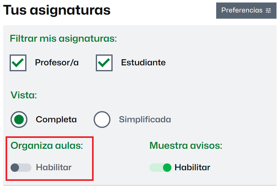 Botón para habilitar a organización de aulas en el tablón