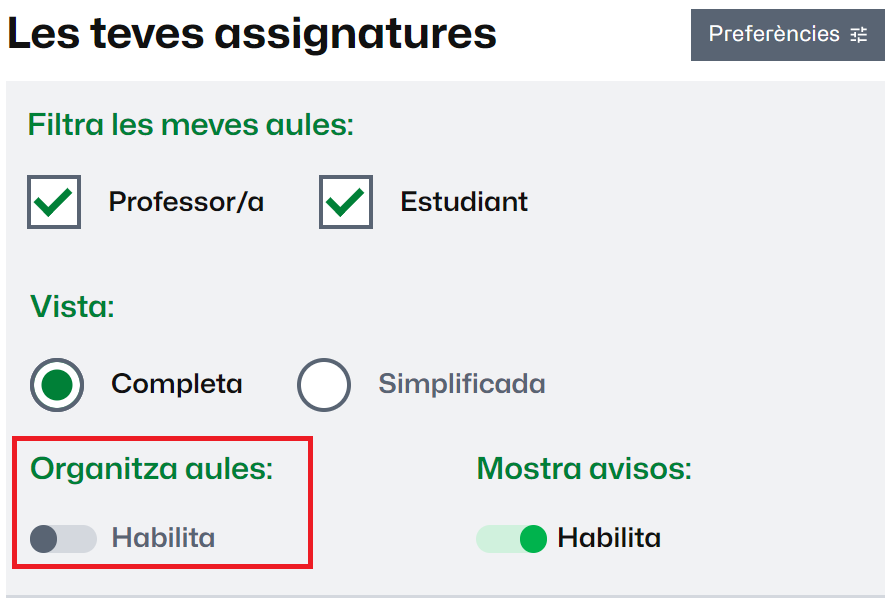 Botó per habilitar l'organització d'aules al taulell