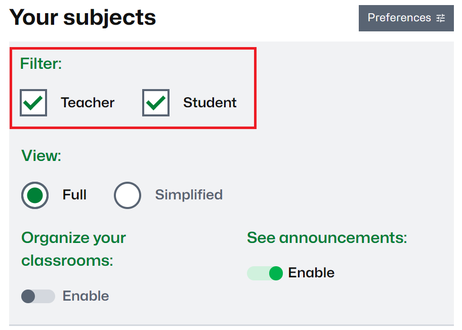 How to show the virtual classrooms depending on the role