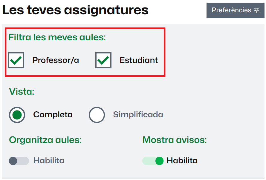 Com visualitzar el tauler d'assignatures en funció del rol que tingueu