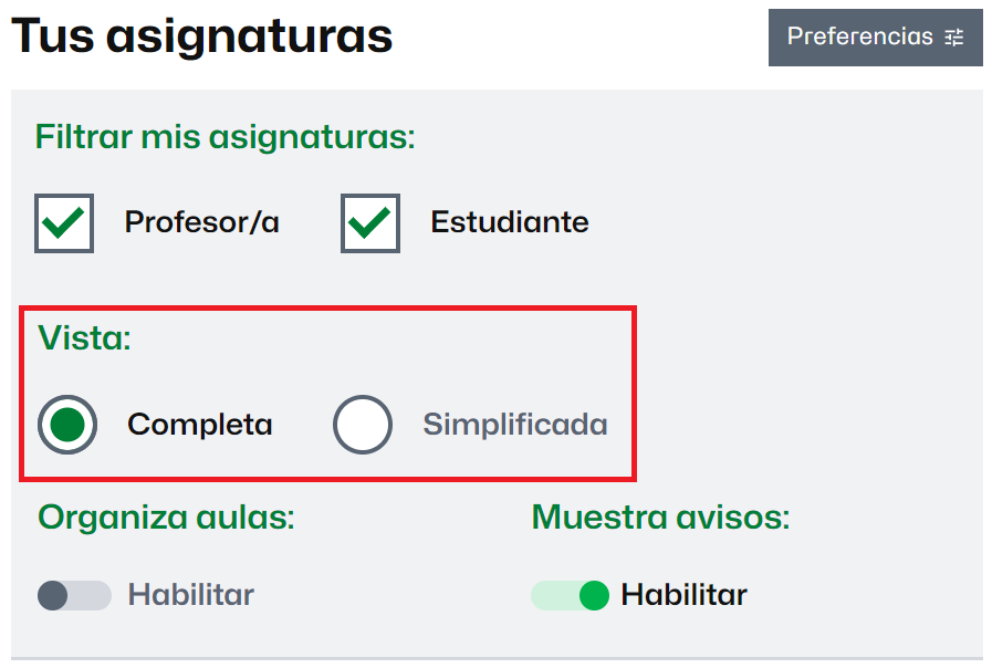 Selección del tipo de visualización de las aulas virtuales en el tablón del Campus Virtual