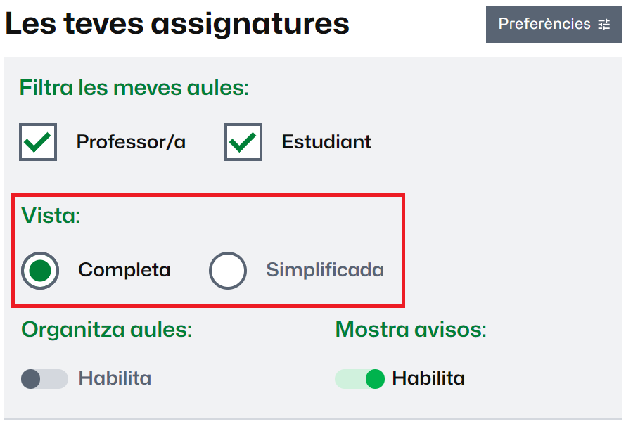 Selecció del tipus de visualització de les aules virtuals al tauler del Campus Virtual