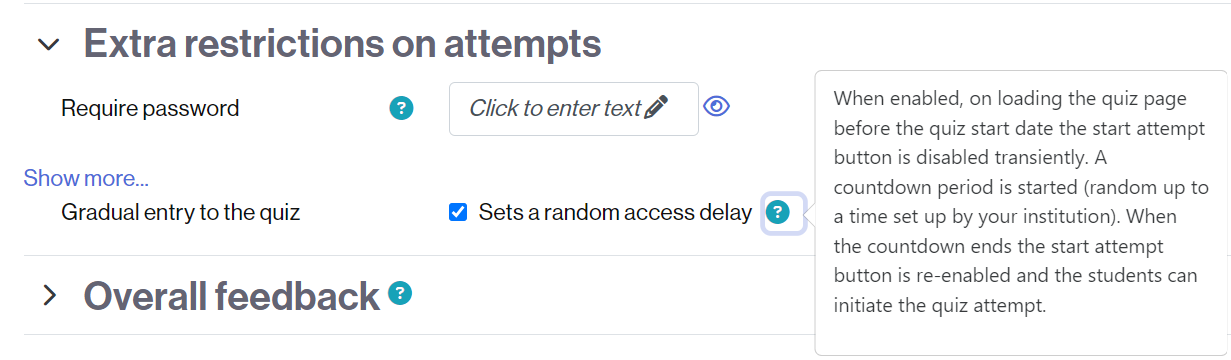 Setting of the random access delay in a quiz