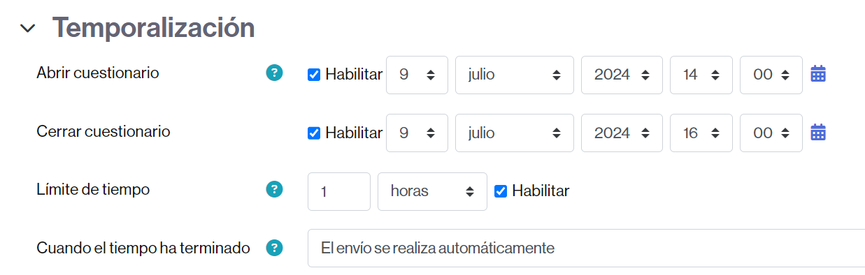 Ejemplo de temporalización para un cuestionario