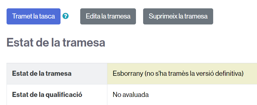 Estat de la tasca en esborrany i botó per enviar-la definitivament