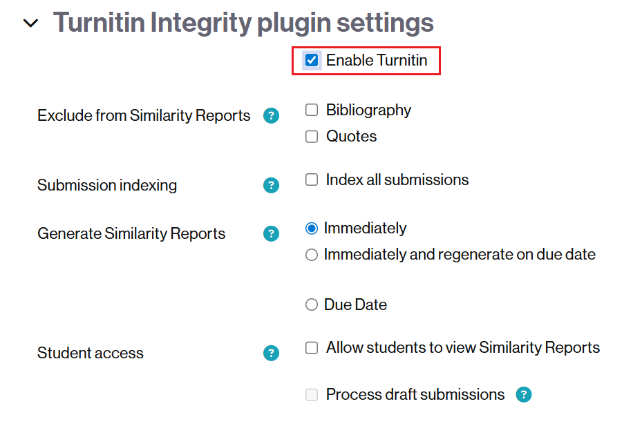 Secció dels paràmetres de la tasca per activar i configurar Turniti