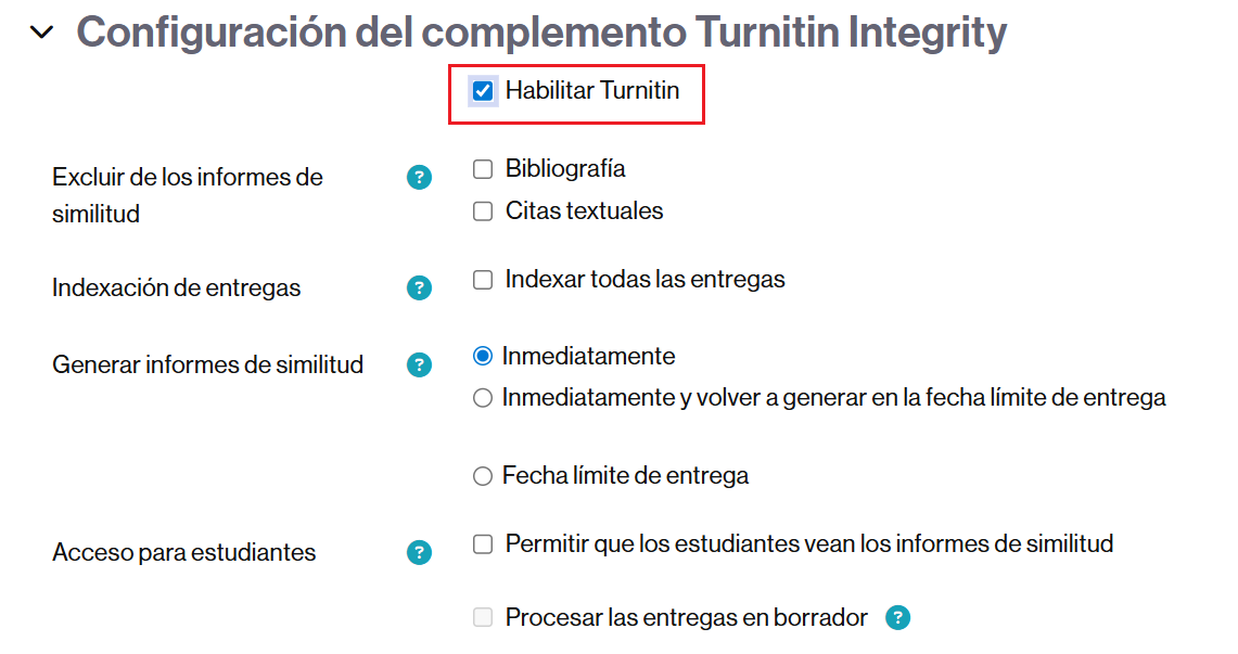 Sección de los parámetros de la tarea para activar y configurar Turnitin