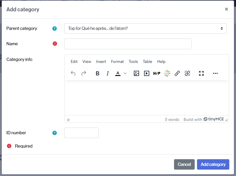 Pop-up window to enter the data for the category to be created