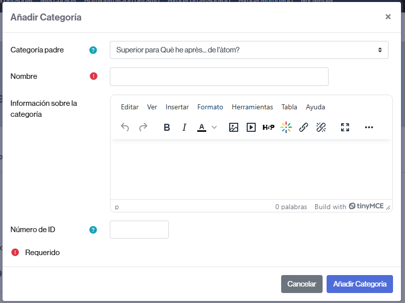 Ventana emergente para introducir los datos de la categoría a crear
