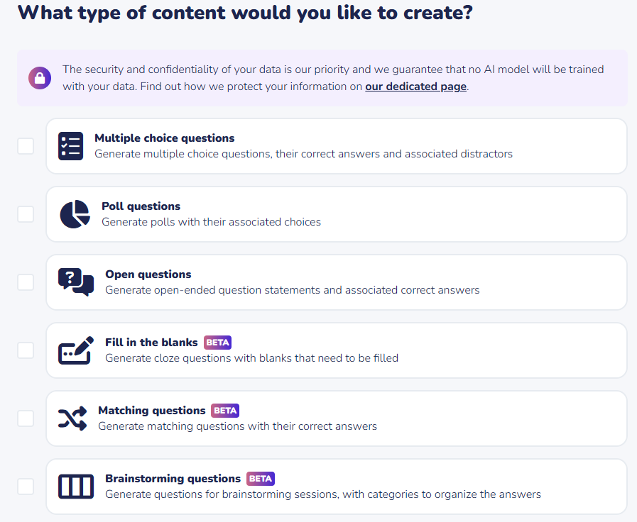  Types of continguts to generate with IA