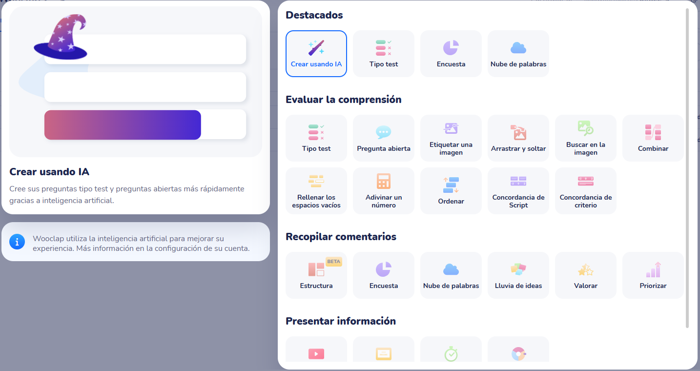 Botón para añadir una pregunta de Wooclap generada con IA