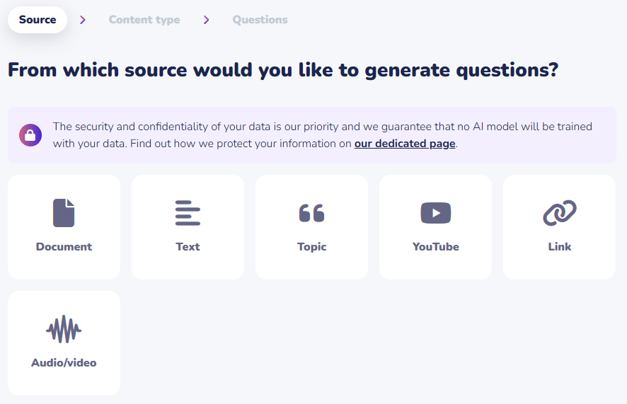 Type of sources from which to generate questions