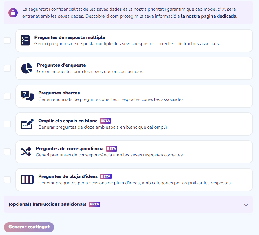 Tipus de preguntes que es poden generar amb IA a Wooclap